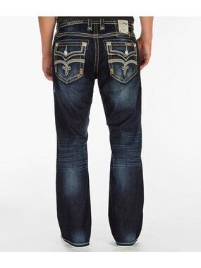 Rock Revival Pablo Relaxed Straight Jeans Size 34x32 Distressed Indigo Denim